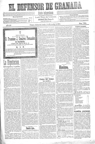 'El Defensor de Granada  : diario político independiente' - Año XV Número 7054 1ª ed. - 1894 Noviembre 03