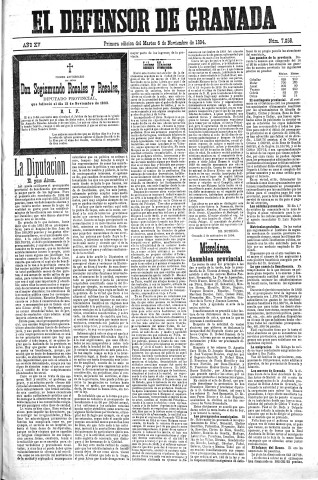 'El Defensor de Granada  : diario político independiente' - Año XV Número 7058 1ª ed. - 1894 Noviembre 06