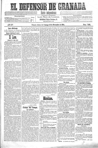 'El Defensor de Granada  : diario político independiente' - Año XV Número 7080 1ª ed. - 1894 Noviembre 18