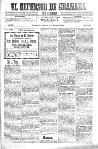 'El Defensor de Granada  : diario político independiente' - Año XV Número 7088 1ª ed. - 1894 Noviembre 23