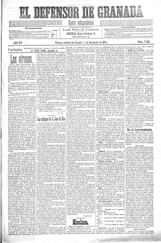 'El Defensor de Granada  : diario político independiente' - Año XV Número 7100 1ª ed. - 1894 Diciembre 01