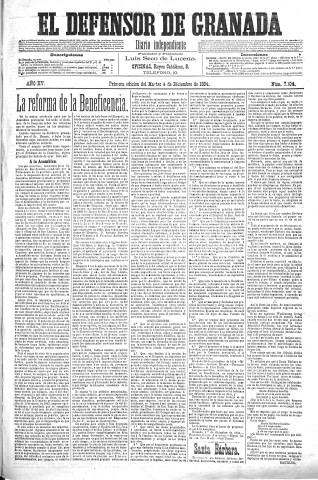 'El Defensor de Granada  : diario político independiente' - Año XV Número 7103 1ª ed. - 1894 Diciembre 04