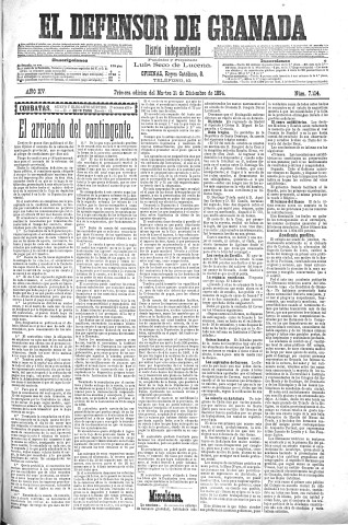 'El Defensor de Granada  : diario político independiente' - Año XV Número 7114 1ª ed. - 1894 Diciembre 11
