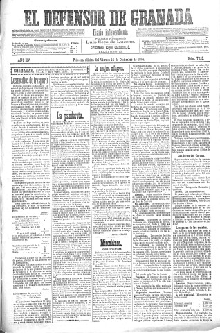 'El Defensor de Granada  : diario político independiente' - Año XV Número 7116 1ª ed. - 1894 Diciembre 14