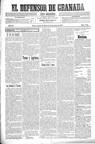 'El Defensor de Granada  : diario político independiente' - Año XV Número 7124 1ª ed. - 1894 Diciembre 18