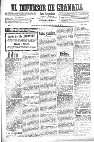 'El Defensor de Granada  : diario político independiente' - Año XV Número 7126 1ª ed. - 1894 Diciembre 19