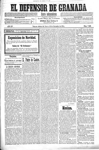 'El Defensor de Granada  : diario político independiente' - Año XV Número 7128 1ª ed. - 1894 Diciembre 20