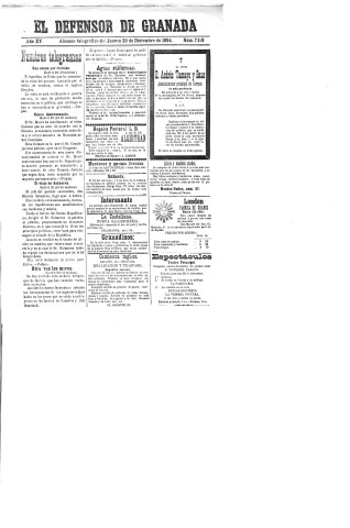 'El Defensor de Granada  : diario político independiente' - Año XV Número 7129  - 1894 Diciembre 20