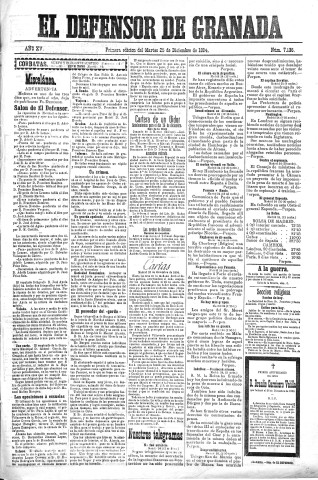 'El Defensor de Granada  : diario político independiente' - Año XV Número 7136 1ª ed. - 1894 Diciembre 25