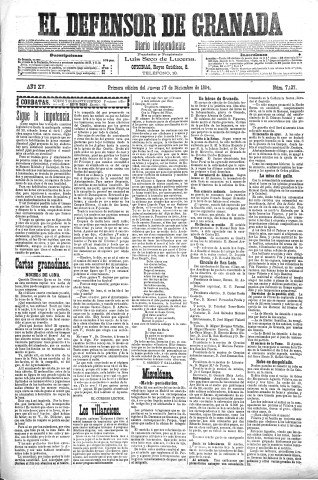 'El Defensor de Granada  : diario político independiente' - Año XV Número 7137 1ª ed. - 1894 Diciembre 27
