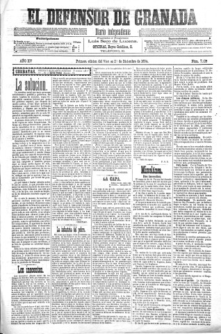 'El Defensor de Granada  : diario político independiente' - Año XV Número 7139 1ª ed. - 1894 Diciembre 28
