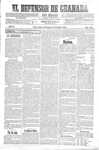'El Defensor de Granada  : diario político independiente' - Año XV Número 7143 1ª ed. - 1894 Diciembre 30