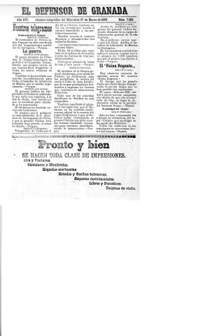 'El Defensor de Granada  : diario político independiente' - Año XVI Número 7268  - 1895 Marzo 27