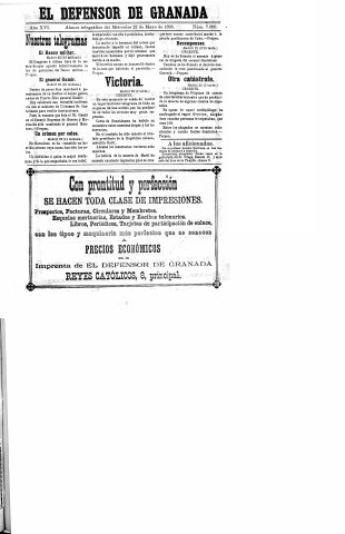 'El Defensor de Granada  : diario político independiente' - Año XVI Número 7800  - 1895 Mayo 22