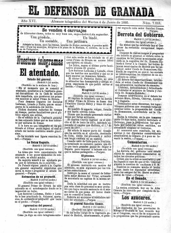 'El Defensor de Granada  : diario político independiente' - Año XVI Número 7818  - 1895 Junio 04