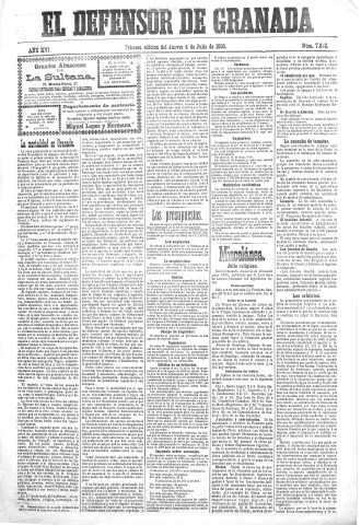 'El Defensor de Granada  : diario político independiente' - Año XVI Número 7860 1ª ed. - 1895 Julio 04