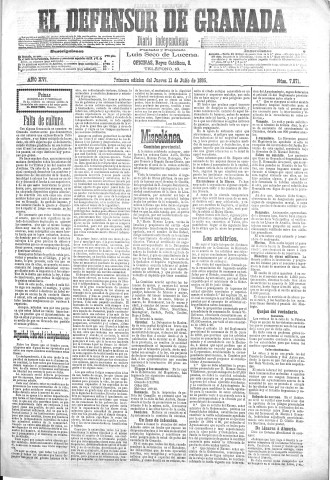 'El Defensor de Granada  : diario político independiente' - Año XVI Número 7871 1ª ed. - 1895 Julio 11