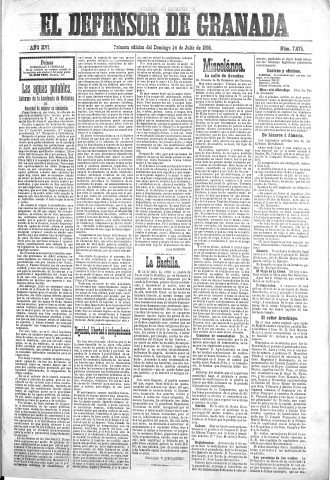 'El Defensor de Granada  : diario político independiente' - Año XVI Número 7874 1ª ed. - 1895 Julio 14