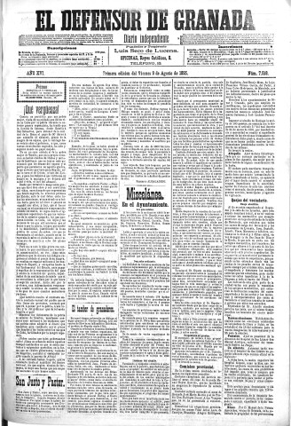 'El Defensor de Granada  : diario político independiente' - Año XVI Número 7918 1ª ed. - 1895 Agosto 09
