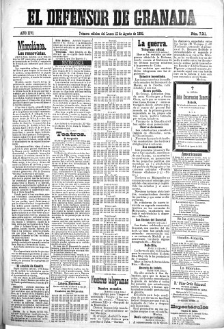 'El Defensor de Granada  : diario político independiente' - Año XVI Número 7911 1ª ed. - 1895 Agosto 12