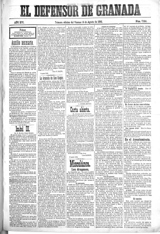 'El Defensor de Granada  : diario político independiente' - Año XVI Número 7916 1ª ed. - 1895 Agosto 16