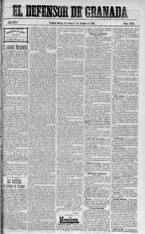'El Defensor de Granada  : diario político independiente' - Año XVII Número 8090 1ª ed. - 1896 Febrero 07