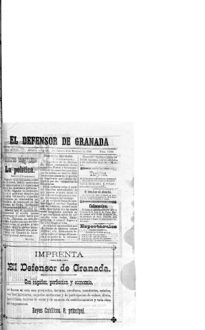 'El Defensor de Granada  : diario político independiente' - Año XVII Número 8092  - 1896 Febrero 08