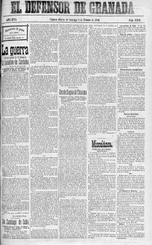 'El Defensor de Granada  : diario político independiente' - Año XVII Número 8093 1ª ed. - 1896 Febrero 09