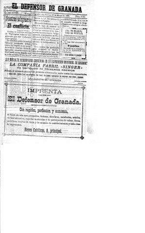 'El Defensor de Granada  : diario político independiente' - Año XVII Número 9048  - 1896 Marzo 27