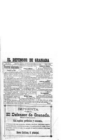 'El Defensor de Granada  : diario político independiente' - Año XVII Número 9049  - 1896 Marzo 28