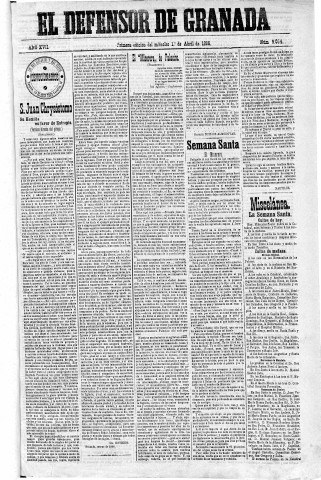 'El Defensor de Granada  : diario político independiente' - Año XVII Número 9054 1ª ed. - 1896 Abril 01