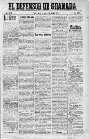 'El Defensor de Granada  : diario político independiente' - Año XVII Número 9055 1ª ed. - 1896 Abril 02