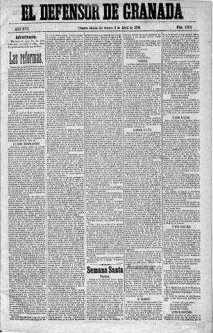 'El Defensor de Granada  : diario político independiente' - Año XVII Número 9056 1ª ed. - 1896 Abril 03