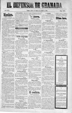 'El Defensor de Granada  : diario político independiente' - Año XVII Número 9059 1ª ed. - 1896 Abril 06