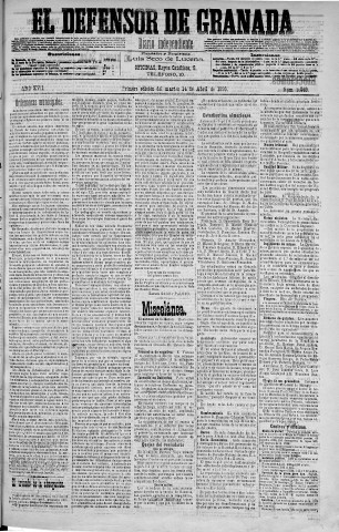 'El Defensor de Granada  : diario político independiente' - Año XVII Número 9069 1ª ed. - 1896 Abril 14