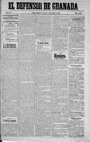 'El Defensor de Granada  : diario político independiente' - Año XVII Número 9070 1ª ed. - 1896 Abril 15
