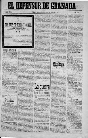 'El Defensor de Granada  : diario político independiente' - Año XVII Número 9071 1ª ed. - 1896 Abril 16
