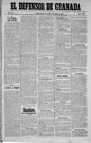 'El Defensor de Granada  : diario político independiente' - Año XVII Número 9073 1ª ed. - 1896 Abril 18