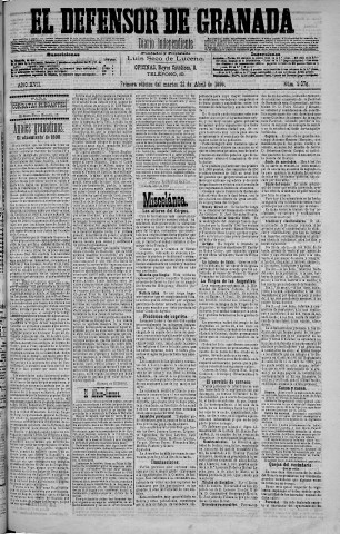 'El Defensor de Granada  : diario político independiente' - Año XVII Número 9076 1ª ed. - 1896 Abril 21