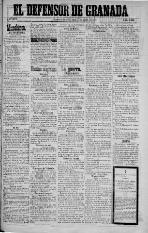 'El Defensor de Granada  : diario político independiente' - Año XVII Número 9085 1ª ed. - 1896 Abril 27