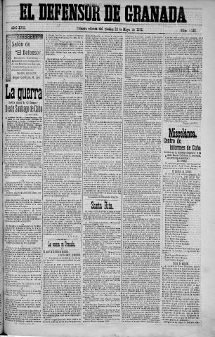 'El Defensor de Granada  : diario político independiente' - Año XVII Número 9128 1ª ed. - 1896 Mayo 22