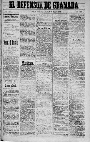 'El Defensor de Granada  : diario político independiente' - Año XVII Número 9136 1ª ed. - 1896 Mayo 27
