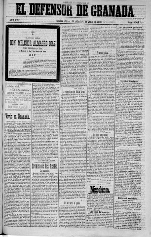 'El Defensor de Granada  : diario político independiente' - Año XVII Número 9148 1ª ed. - 1896 Junio 06