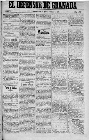 'El Defensor de Granada  : diario político independiente' - Año XVII Número 9153 1ª ed. - 1896 Junio 11