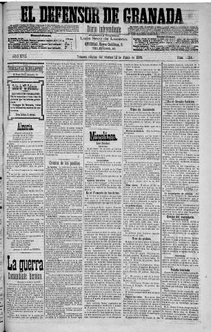 'El Defensor de Granada  : diario político independiente' - Año XVII Número 9154 1ª ed. - 1896 Junio 12