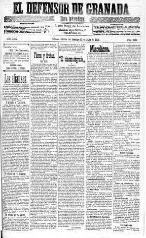 'El Defensor de Granada  : diario político independiente' - Año XVII Número 9191 1ª ed. - 1896 Julio 12