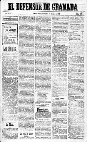 'El Defensor de Granada  : diario político independiente' - Año XVII Número 9199 1ª ed. - 1896 Julio 17