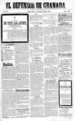 'El Defensor de Granada  : diario político independiente' - Año XVII Número 9203 1ª ed. - 1896 Julio 20