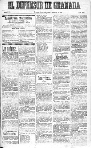 'El Defensor de Granada  : diario político independiente' - Año XVII Número 9215 1ª ed. - 1896 Julio 30