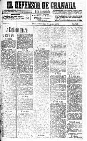 'El Defensor de Granada  : diario político independiente' - Año XVII Número 9254 1ª ed. - 1896 Agosto 31
